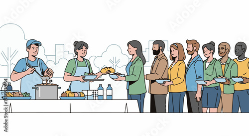 People line up for food being served outdoors by volunteers