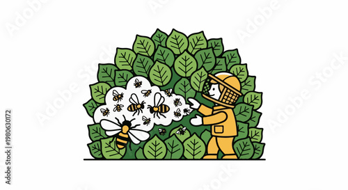 Cartoon beekeeper in protective suit interacting with a swarm of bees amidst lush green leaves
