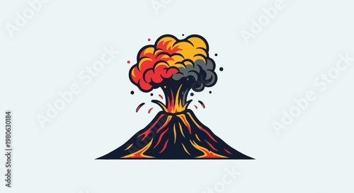 Stylized erupting volcano with red, yellow, and grey smoke plumes