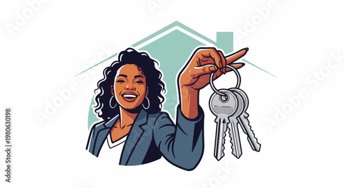 Woman holding house keys in front of house outline