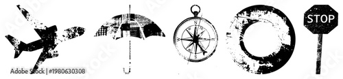 Grungy black and white representing travel, navigation, and road safety, featuring airplane, umbrella, compass, tire, and stop sign with distressed textures.