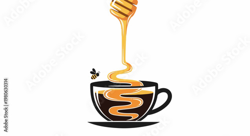 A bee flies near a cup of coffee with honey dripping from a dipper