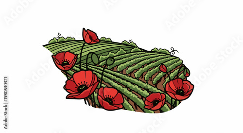 Stylized vineyard landscape with vibrant red poppies in foreground