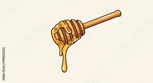 Wooden honey dipper with dripping golden sweet nectar, sparkling