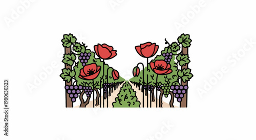 Vibrant vineyard with red poppies, green vines, and purple grapes