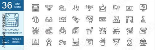 Show and entertainment icon set. Containing icon symbol : concert, theatre, cinema, film, music, stage, video, live, podcast, streaming, mask, ticket, sing, orchestra, disk jockey, festival, gaming