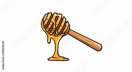 Wooden dipper dripping golden honey, sweet, viscous, delicious, sticky, flowing