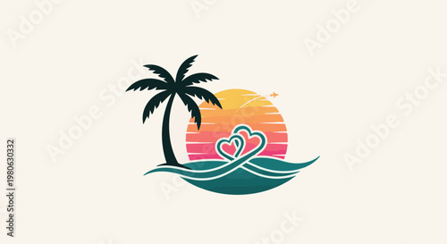 Sunset, palm tree, two hearts, and an airplane over ocean waves