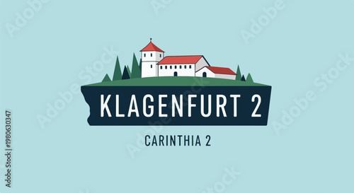 A cartoonish depiction of a white building with a red roof on a green hill