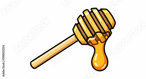 A dripping honey dipper with a long wooden handle against a white background