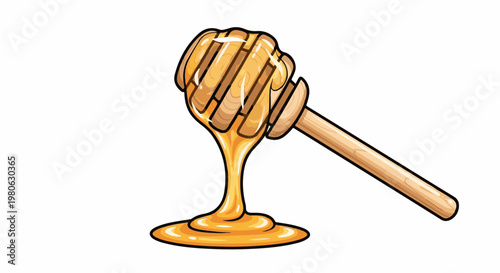 A wooden honey dipper with viscous golden liquid dripping