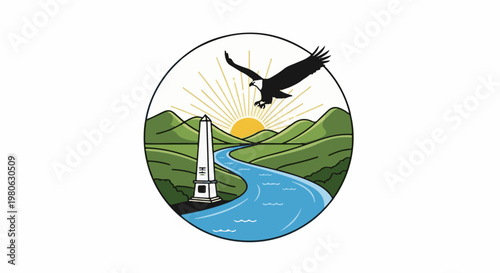 Eagle soars over monument, river, and sunlit mountains