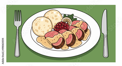 Sliced roasted meat with gravy, dumplings, berries, and lemon garnish