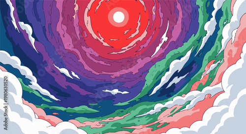 Swirling vortex of color with a bright red sun at its center