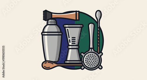 Cocktail bar tools arranged against a backdrop of blue and green shapes