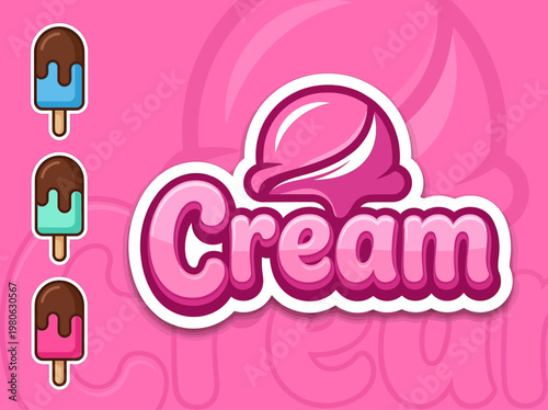 Pink Ice Cream Logo Design and Colorful Popsicle Sticker Set for Sweet Shop and Dessert Branding