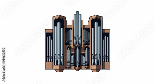 Intricate pipe organ illustration with a brown wood casing and silver pipes