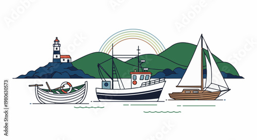 A coastal scene with boats, a lighthouse, and rolling hills under a rainbow