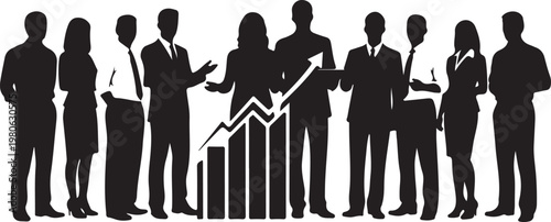 Black silhouettes of business people standing in front of a rising graph