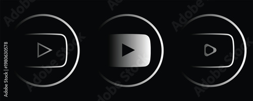 Modern social media video player icons set with stylish neon glow effect and motion blur on dark black background.