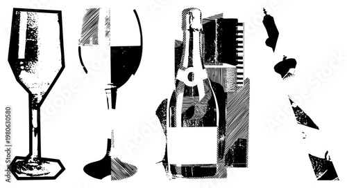 Artistic halftone print of wine glass, champagne flute, and bottle with textured shading, graphic design, black and white, vector illustration.