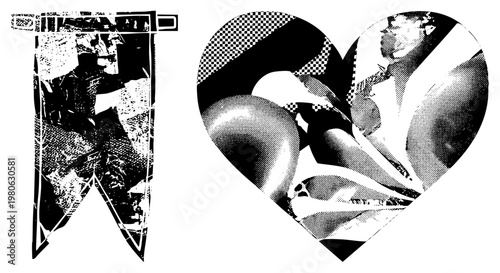 Black and white halftone heart shape enclosing embracing couple, retro pop art, graphic design, stylized romance, vintage aesthetic, love symbol, comic book texture.