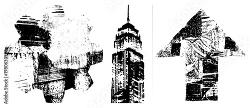 Stylized gear, skyscraper, and upward arrow rendered in halftone vector, graphic design, industrial and urban motifs, isolated.