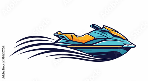 A stylized blue and yellow personal watercraft speeds across dark blue waves