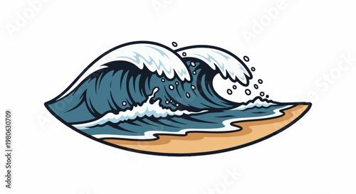 Stylized depiction of powerful ocean waves crashing onto a sandy beach