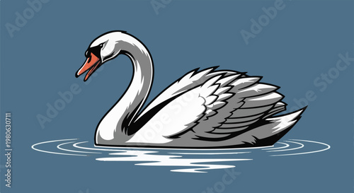 Elegant white swan gracefully glides on tranquil blue water surface