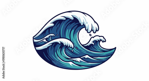 Dynamic ocean waves with frothy crests, depicted in shades of blue and white