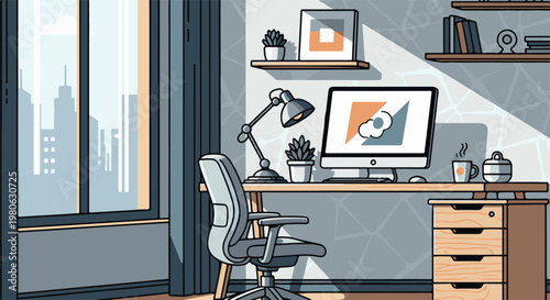 Modern desk setup with computer, lamp, chair, and city view through window