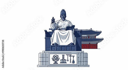 Regal figure on a throne with scientific tools and a pagoda