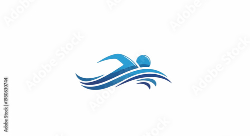 Blue abstract swimmer silhouette on stylized blue waves