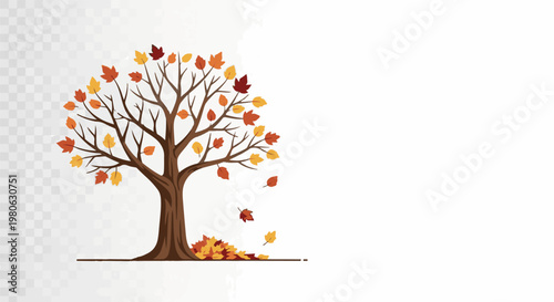 Autumn tree with falling leaves and pile on ground
