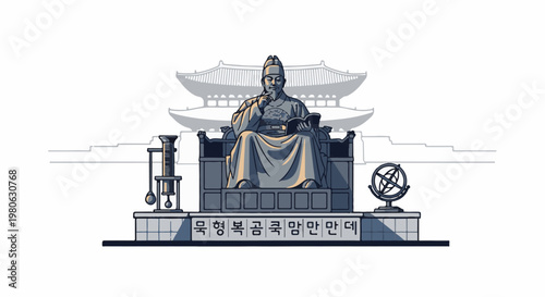 Pixel art monument featuring a seated figure with a book, flanked by scientific instruments