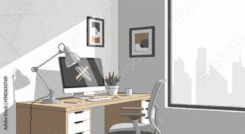 Light streams into a modern home office with a desk, computer, and city view