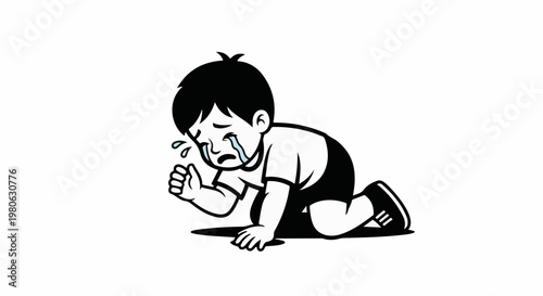 A distressed child is on their knees crying with tears streaming down their face