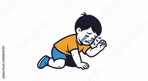 A child cries on hands and knees, tears streaming down