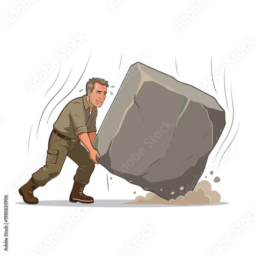 Man struggles to push a large boulder uphill with effort