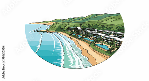Coastal resort with buildings and pools nestled against lush green hills