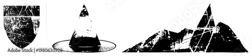 Distressed black and white vector shield emblem, traffic cone, jagged mountain peaks. Retro styled graphic elements with scratched texture. symbol, warning cone, silhouette.