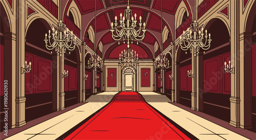 Ornate grand hall with red carpet leading to a prominent entryway