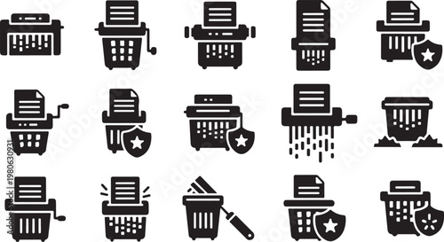 Black and white trash can icons with various objects