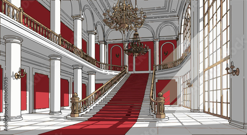 Grand foyer with sweeping staircase, red walls, and large windows