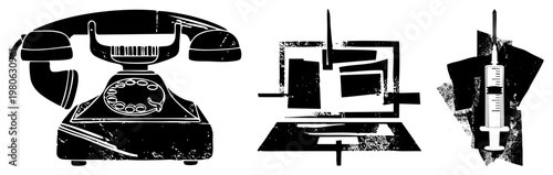 Retro rotary telephone, abstract laptop graphic, medical syringe all in distressed black vector art, isolated elements for design use.