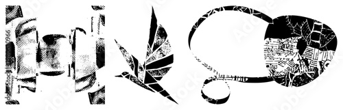 Vector halftone art featuring a stylized bird, coffee mug with interior, and abstract gear shapes. Black and white graphic with fragmented texture, isolated design elements.