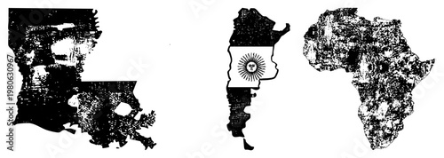 Africa, Argentina, and maps rendered in halftone texture, Argentina features its national flag, stylized geographic, vector design.