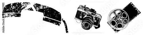 Retro camera with lens and dials, film reel and strip, vintage phone receiver, illustration, nostalgic tools.
