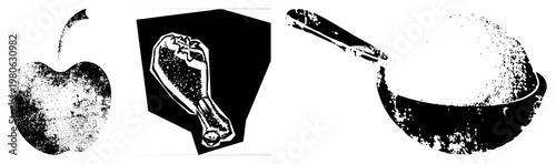 Grained halftone food illustrations with stem, chicken drumstick in box, frying pan. Graphic vector art,, textured, isolated.